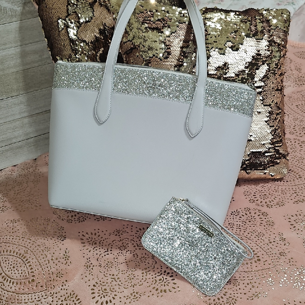 Kate Spade Elegant Silver Glitter Tote Bag Set